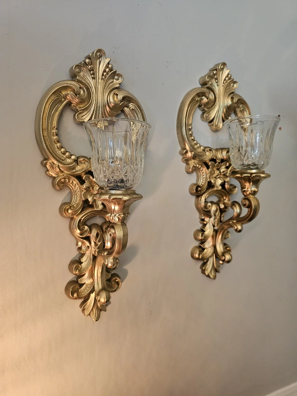 Homco Gold Ornate Wall Sconce Pair with Glass Shades